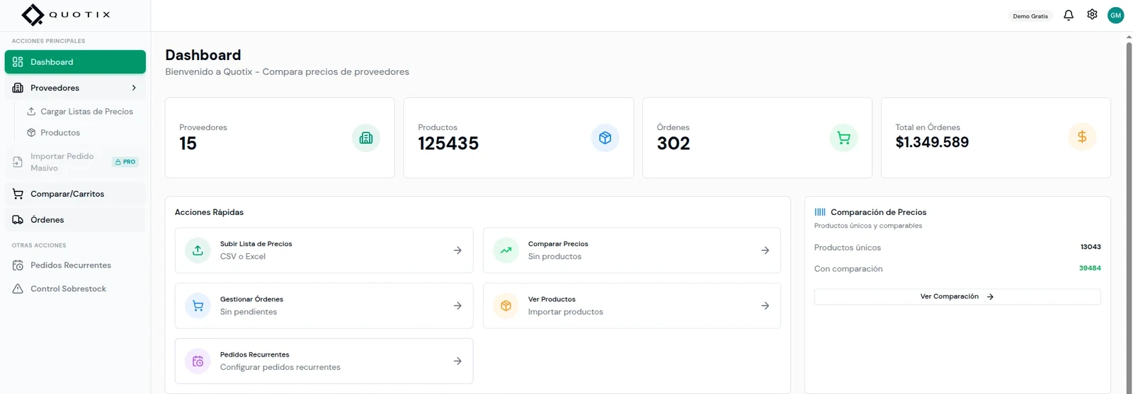 Captura de Quotix, el software de comparación de cotizaciones de proveedores clínicos